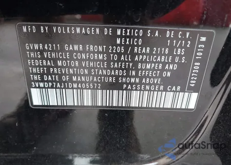 2013 Volkswagen Jetta 2.5L Se из США, поврежденный, VIN 3VWDP7AJ1DM405572